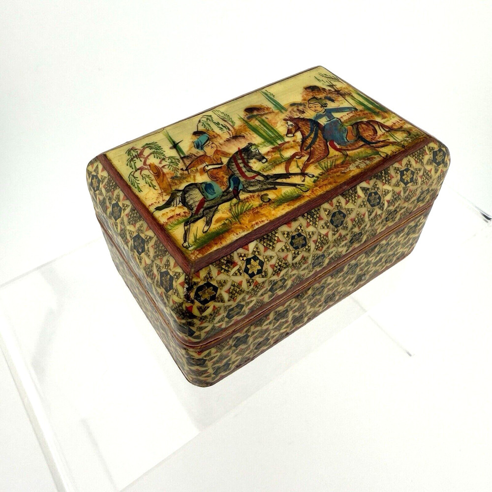 Wooden Trinket Jewelry Box Handcrafted Persian Khatamkari Marquetry 3.5X2.5 in